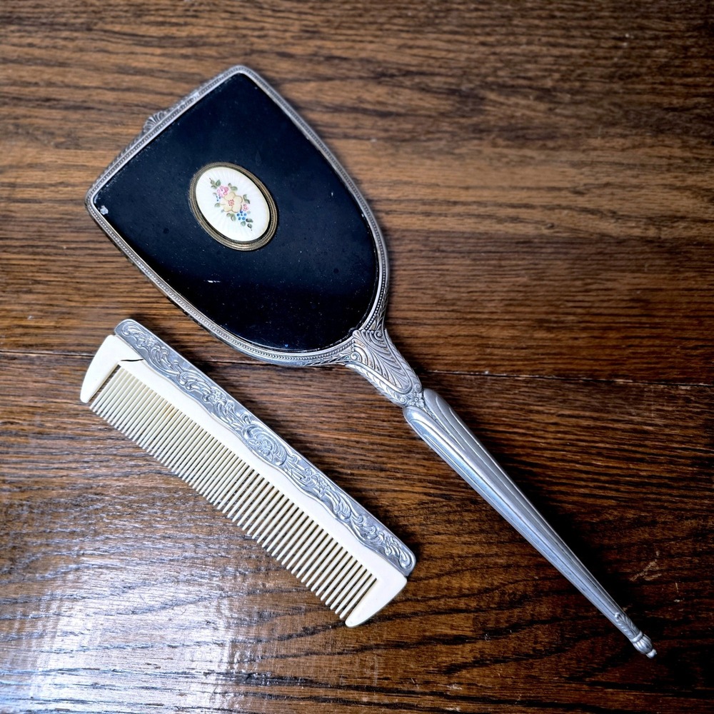Art Deco Evans Vanity Hand Mirror and Comb‎ Set Ornate Silver Tone Floral Accent